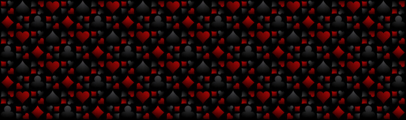Casino gambling background with black and red poker symbols, vector illustration. Horizontal background, headers, posters, cards, website. Vector illustration