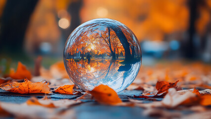 This image depicts a lens ball resting on autumn leaves. The reflection within shows upside-down trees.