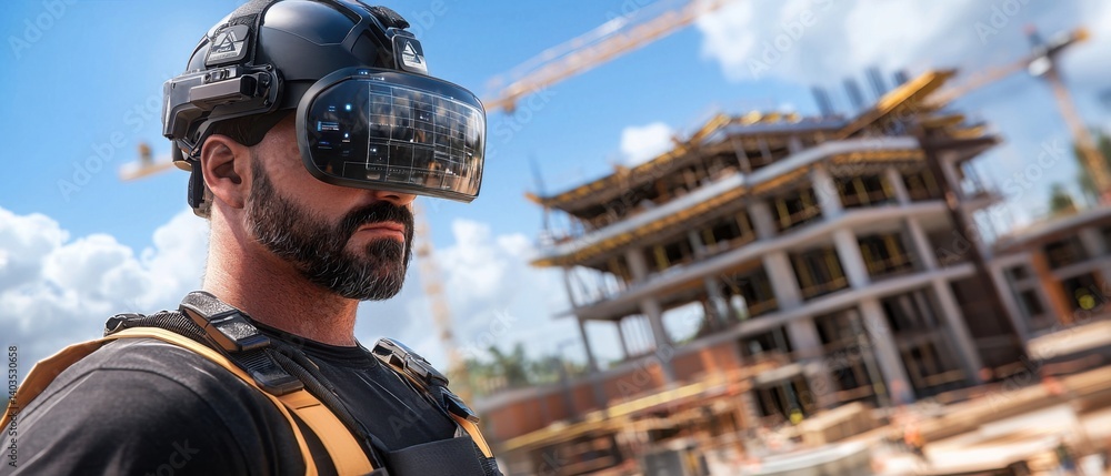Poster a construction foreman utilizing a futuristic, floating augmented reality interface to oversee and m