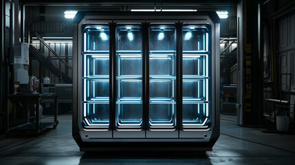 Obraz premium Futuristic empty refrigerated display unit glowing with blue neon lights in a high-tech industrial environment.