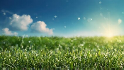 World environment day concept: green grass and blue sky abstract background with bokeh