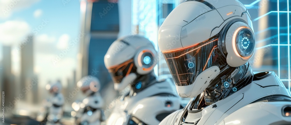Poster a futuristic, abstract depicting advanced ai-powered robots and their intricate digital components.