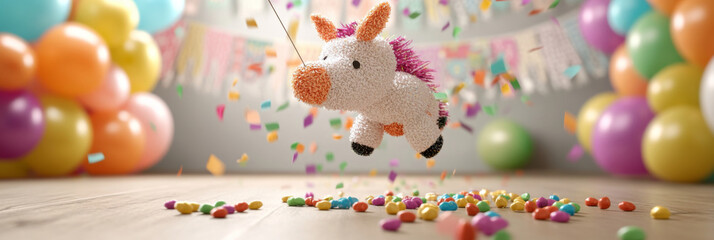 Festive colorful pinata unicorn with balloons and confetti background