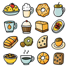 Breakfast Icon Collection, Hand Drawn Food and Drink Vector Set