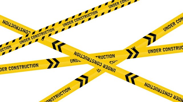 Under construction warning tape animation 4k video. Construction sign, road, danger, restricted, animated, caution, frame, no people, police warning, stripe, danger tape video in white background