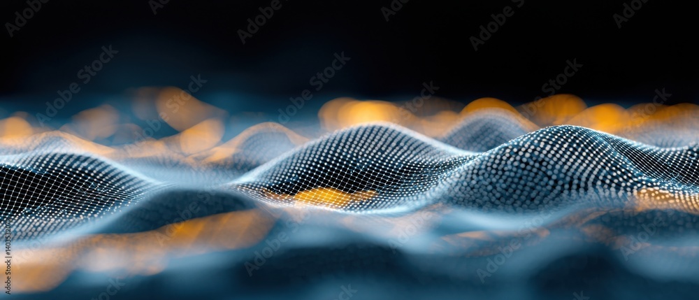 Poster a futuristic digital visualization of an urban cityscape, featuring glowing geometric patterns and s