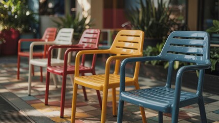Obraz premium Retro plastic chairs in a vibrant outdoor scene, soft sunlight enhancing warm tones, vintage aesthetic. 