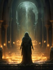 Hooded Figure in Ancient Temple Before Mystical Altar