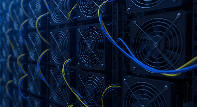 Mining Computer Array with Blue and Yellow Cables in Dark Server Room for Cryptocurrency Operations