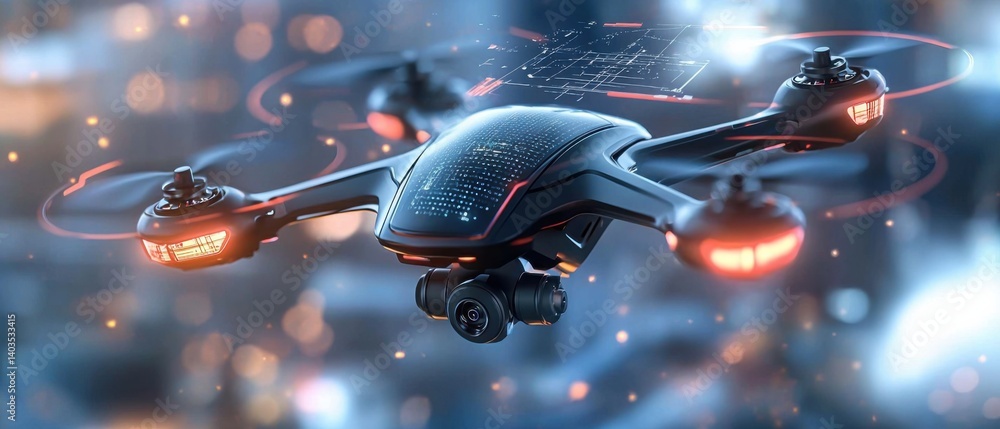 Aufkleber a fleet of advanced drones hovering over a modern, high-tech urban landscape, systematically scannin