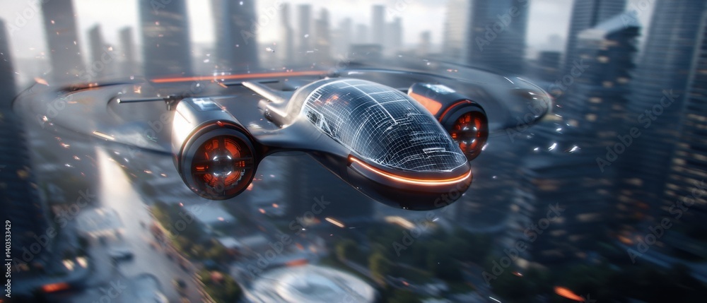 Poster a fleet of advanced, futuristic drones hover over a modern, highly-connected smart city, using advan