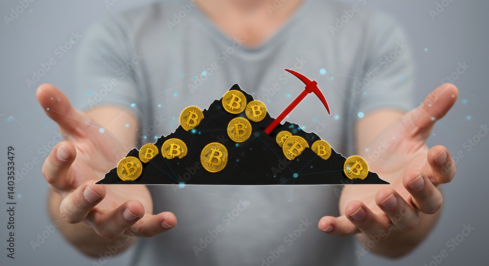 Poster hands presenting geometric gold mining concept with red pickaxe and digital network on white backgro