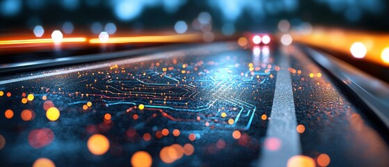 A futuristic and illuminated cityscape depicting a high-tech, digitally-connected smart city at night, with skyscrapers and transportation networks glowing with bright, luminous circuits and neon ligh