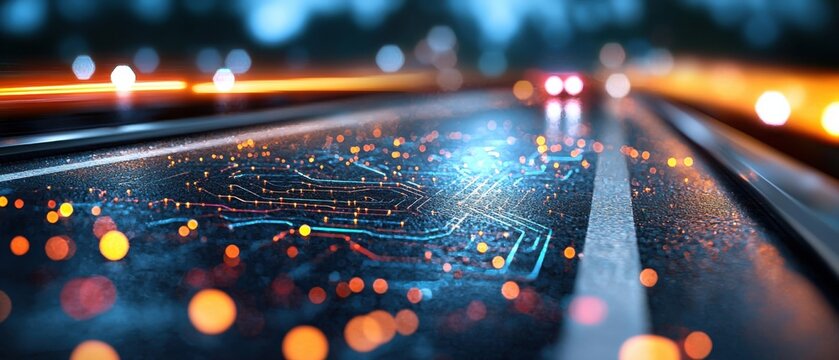 A futuristic and illuminated cityscape depicting a high-tech, digitally-connected smart city at night, with skyscrapers and transportation networks glowing with bright, luminous circuits and neon ligh