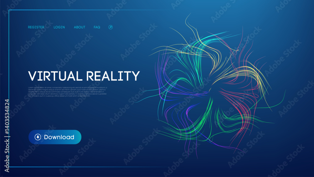 Poster futuristic virtual reality website interface with glowing abstract digital waves, neon color lines, 