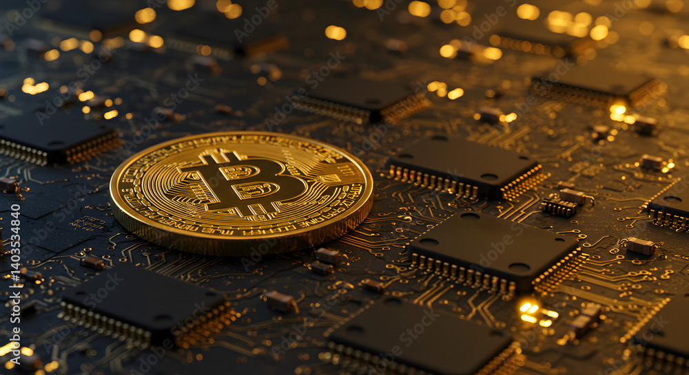 Poster golden bitcoin on computer circuit board with microchips and processors showcasing digital currency 