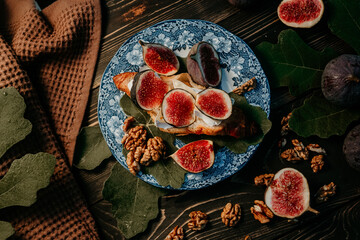Vintage Retro Plate With Camembert Cheese Croissant, Fig Slices. Brie, Healthy