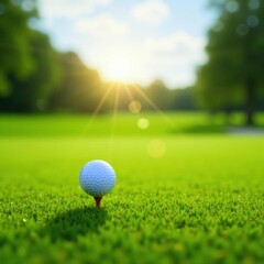 Obraz premium Perfectly positioned golf ball on tee, sunlit fairway , outdoor, sunlit