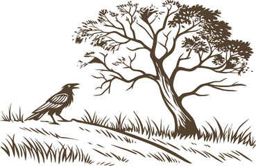 Obraz premium Hand-drawn illustration of a majestic eagle perched on a tree branch in a forest, symbolizing freedom, nature, and wildlife, perfect for nature-themed designs and wildlife art.