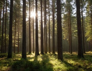 Obraz premium Beautiful shot of a forest with tall trees and bright sun rays shining 1