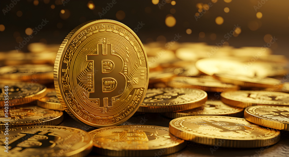 Poster golden bitcoin coins pile with bokeh background represents digital currency and blockchain technolog