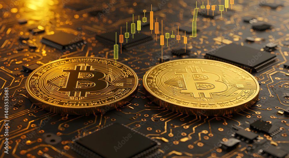 Poster golden bitcoin coins on circuit board with stock chart in a technological backdrop