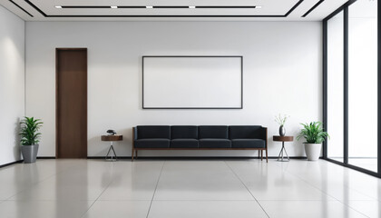 Comfortable office lobby interior with blank table of white wall.