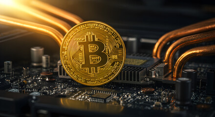 Golden Bitcoin Coin Resting on a Computer Motherboard with Warm Lighting