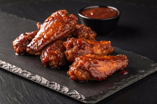 An image of delicious chicken wings in barbecue sauce with a crispy crust. Photographing the dish from close up to show texture and detail.