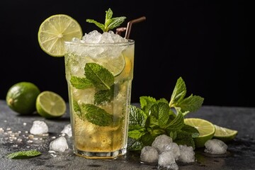 Fototapeta premium An image of a refreshing mojito with mint, lime, rum and soda. Bright colors and detail are used to convey the atmosphere of a summer vacation.
