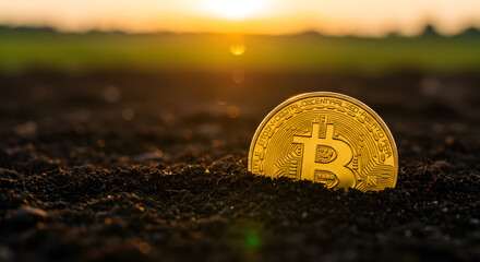 Golden Bitcoin Coin Emerging from Soil Under Sunlight Representing Cryptocurrency Growth and Investment