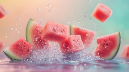 Fototapeta premium Red Watermelon Slices Splashing in Water on Pastel Background