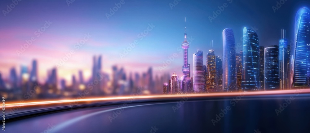 Poster a futuristic cityscape featuring a vibrant display of neon lights and undulating waves, creating a d