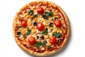 Gluten free meal organic food top view. A delicious pizza topped with tomatoes, corn, olives, and herbs, showcasing a golden crust and vibrant toppings.