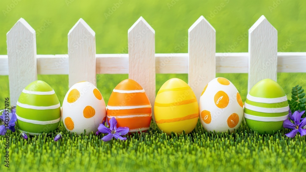 Poster A row of colorful Easter eggs in front of a white picket fence on grass.