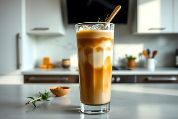 Iced Tahini Latte with Creamy Layers and Herbal Garnish &ndash; Refreshing Nutty Drink for Warm Weather Days