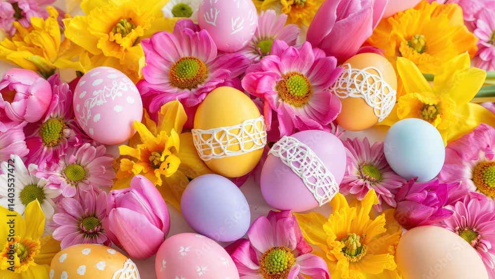 Poster colorful easter eggs in various patterns and colors, surrounded by flowers, creating a festive and v