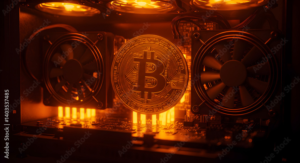 Aufkleber glowing bitcoin cryptocurrency symbol inside a computer system with orange illumination