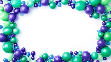 Frame made of green blue and purple balloons on a white background with copy space in the center