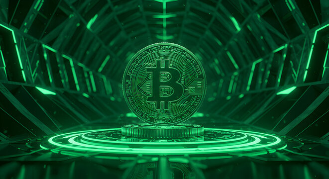 Glowing Green Bitcoin Symbol in Geometric Tunnel Showcasing Digital Currency and Financial Technology - Powered by Adobe