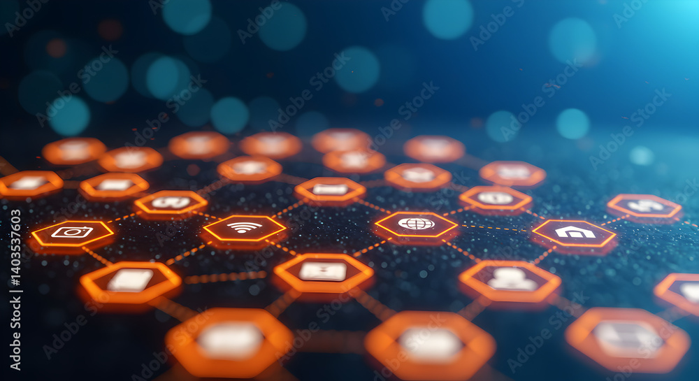 Poster futuristic network with orange hexagons connecting nodes against deep blue background