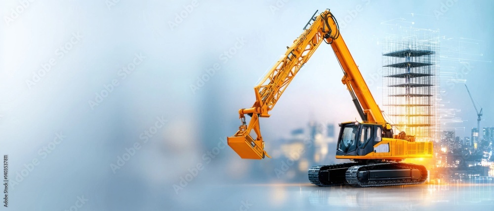 Poster a robotic crane effortlessly assembling a sleek, futuristic high-tech building, showcasing the power
