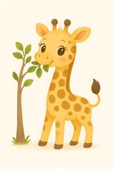 Cute cartoon giraffe with big eyes eating leaves from a small tree. The giraffe has a friendly expression, yellow fur with brown spots, and a sweet, playful appearance on a light background