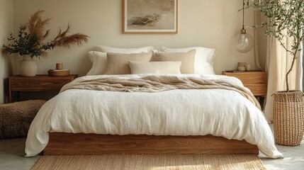 Serene Bedroom Interior Design: Minimalist Beige Linen Bedding and Wooden Accents
