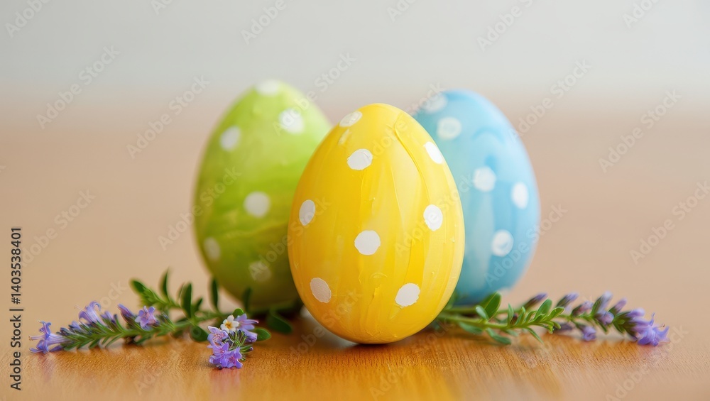 Poster three colorful polka dot easter eggs in a row on a wooden surface.
