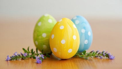 Three colorful polka dot Easter eggs in a row on a wooden surface.