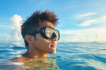 A young man enjoys a peaceful moment in the ocean, wearing diving goggles and gazing into the clear blue water under a bright sky.