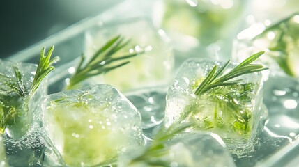 Close up of Green Herb Ice Cubes Glistening with Water Droplets