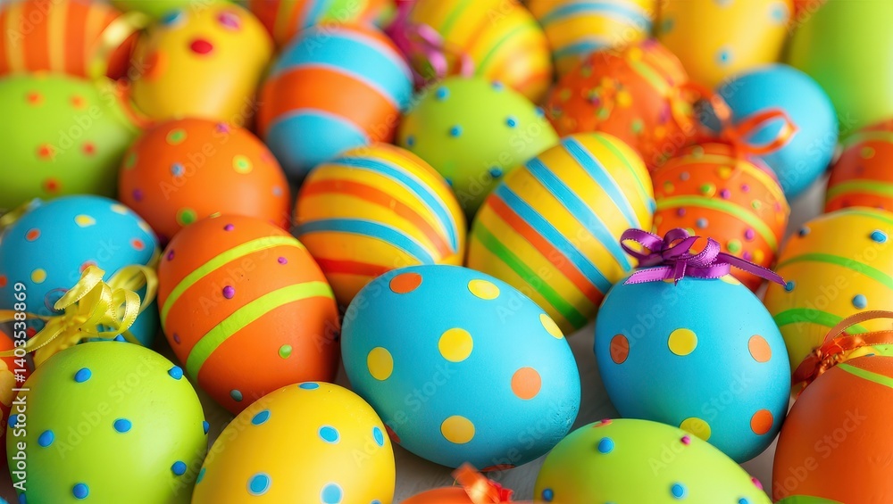 Poster colorful easter eggs in various sizes and patterns, some with polka dots, others striped or speckled