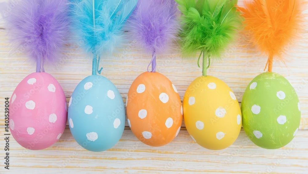 Poster six colorful polka dot easter eggs in a row on a surface.